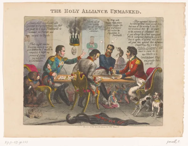 Lithograph of four men discussing around a table.